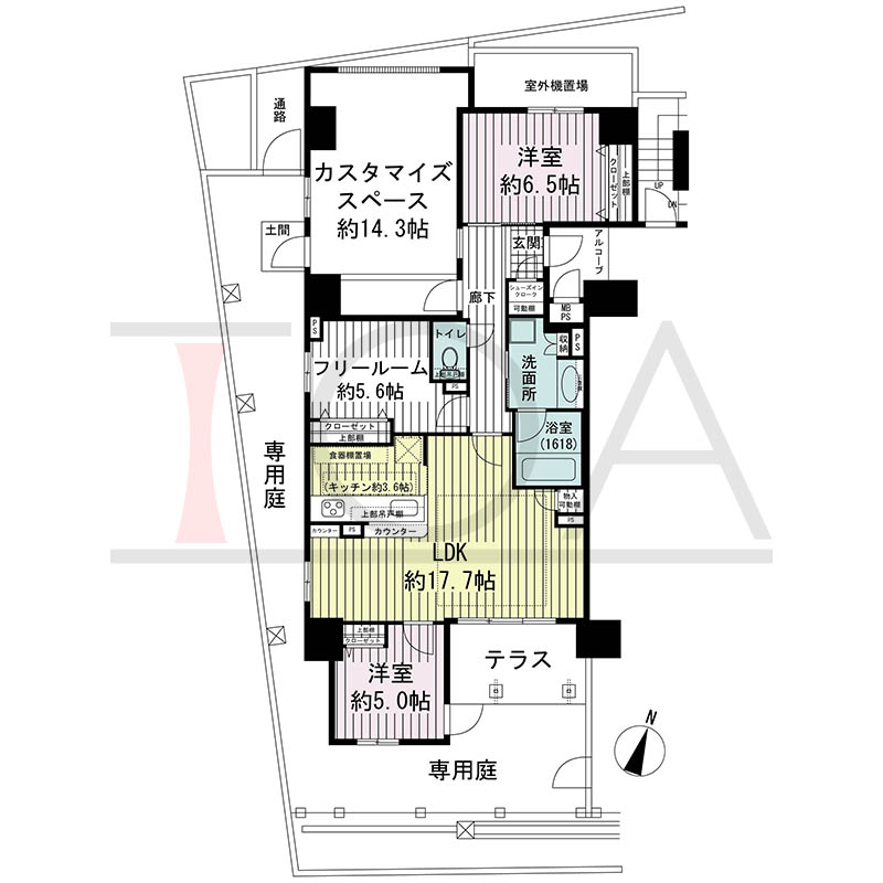 ワコーレ神戸中山手エンブレムの間取り図 Aタイプ
1邸 南向き角住戸
2LDK+F 専有面積103.06m2
テラス面積6.65m2
専用庭面積40.29m2
アルコーブ面積2.42m2