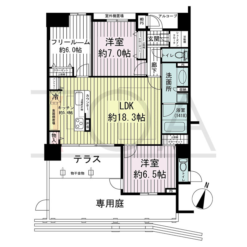 ワコーレ神戸中山手エンブレムの間取り図 Bタイプ
1邸 南向き住戸
2LDK+F 専有面積81.28m2
テラス面積8.83m2
専用庭面積18.96m2
アルコーブ面積2.81m2
