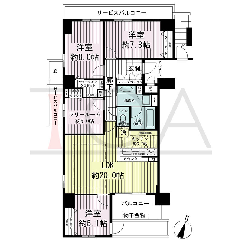 ワコーレ神戸中山手エンブレムの間取り図 C1タイプ
1邸 南向き角住戸
3LDK+F 専有面積101.05m2
バルコニー面積6.65m2
アルコーブ面積2.42m2