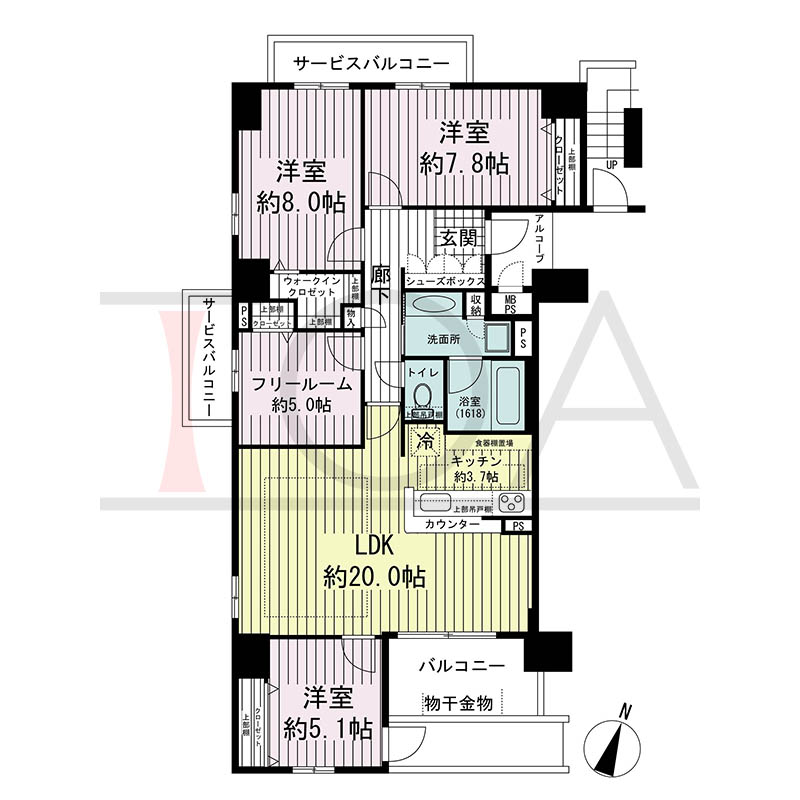 ワコーレ神戸中山手エンブレムの間取り図 C2タイプ
1邸 南向き角住戸
3LDK+F 専有面積101.05m2
バルコニー面積6.65m2
アルコーブ面積2.42m2