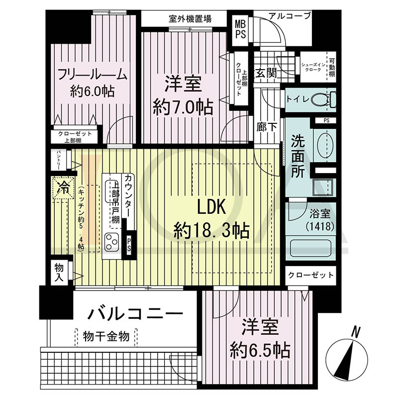 ワコーレ神戸中山手エンブレムの間取り図 Dタイプ
全3邸 南向き住戸
2LDK+F 専有面積81.28m2
バルコニー面積8.83m2
アルコーブ面積2.81m2