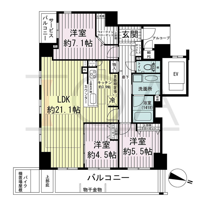 ワコーレ神戸中山手エンブレムの間取り図 E1タイプ
1邸 東向き角住戸
3LDK 専有面積87.56m2
バルコニー面積15.61m2
アルコーブ面積3.51m2