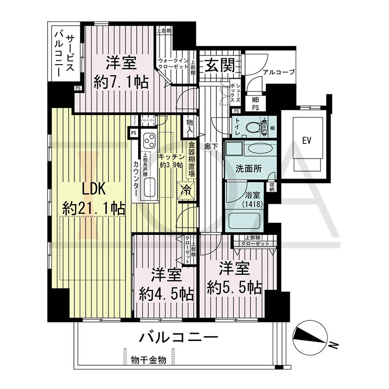 ワコーレ神戸中山手エンブレムの間取り図 E2タイプ
全3邸 東向き角住戸
3LDK 専有面積87.56m2
バルコニー面積13.83m2
アルコーブ面積3.51m2