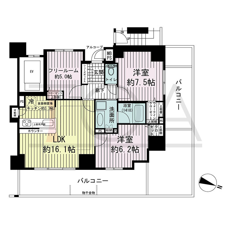 ワコーレ神戸中山手エンブレムの間取り図 F1タイプ
1邸 東向き角住戸
2LDK+F 専有面積75.83m2
バルコニー面積40.56m2
アルコーブ面積1.16m2