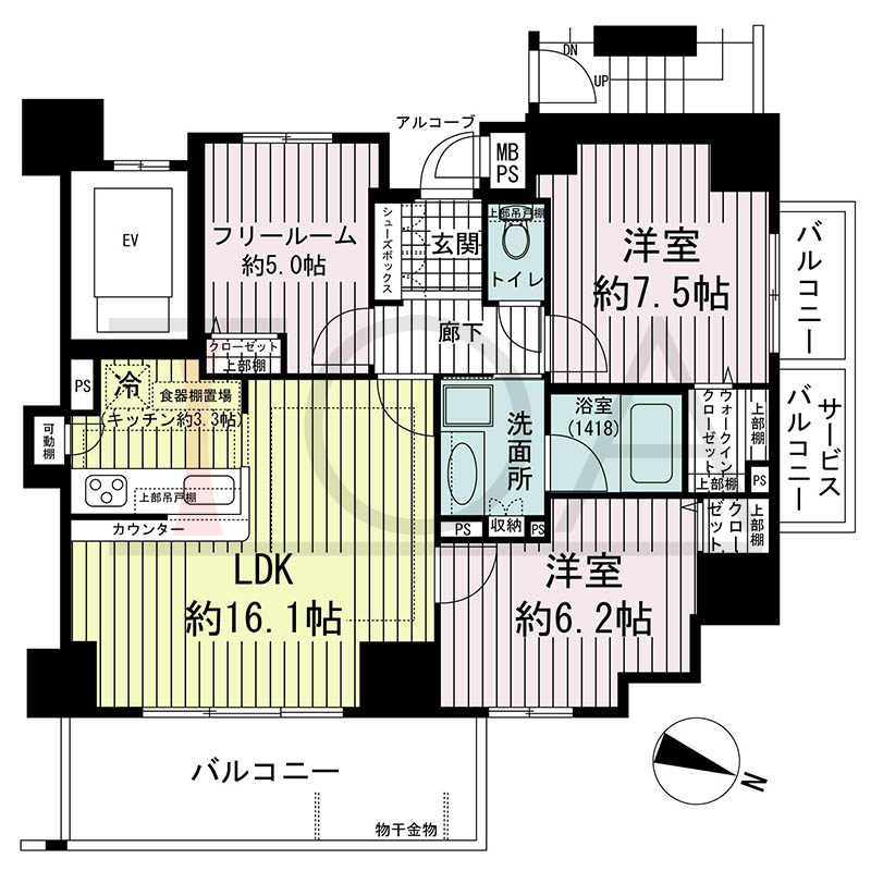 ワコーレ神戸中山手エンブレムの間取り図 F2・F3タイプ
全3邸 東向き角住戸
3LDK+F 専有面積75.83m2
バルコニー面積12.74m2
アルコーブ面積1.16m2