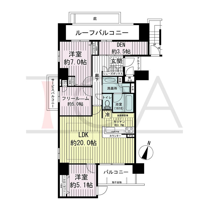ワコーレ神戸中山手エンブレムの間取り図 Gタイプ
1邸 南向き角住戸
2LDK+F+DEN 専有面積88.69m2
バルコニー面積6.65m2
ルーフバルコニー面積10.14m2
アルコーブ面積2.42m2
