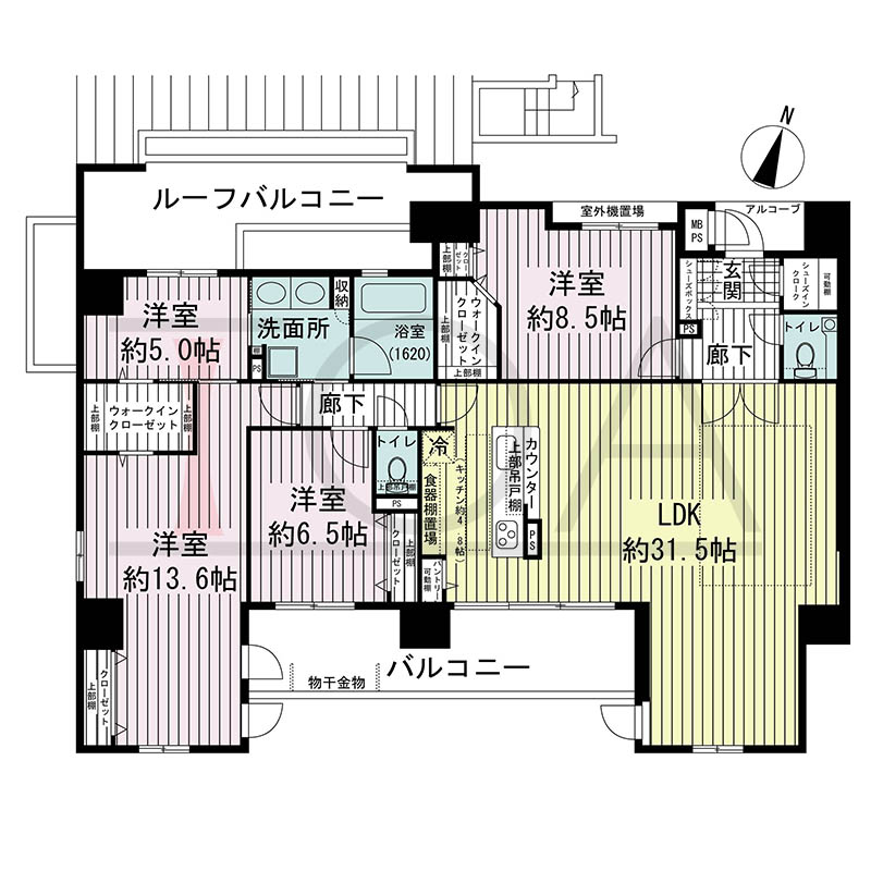 ワコーレ神戸中山手エンブレムの間取り図 Hタイプ
1邸 南向き角住戸
4LDK 専有面積140.31m2
バルコニー面積15.48m2
ルーフバルコニー面積10.84m2
アルコーブ面積2.81m2