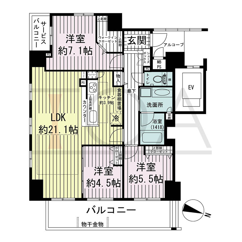 ワコーレ神戸中山手エンブレムの間取り図 Iタイプ
1邸 東向き角住戸
3LDK 専有面積87.46m2
バルコニー面積13.83m2
アルコーブ面積3.42m2