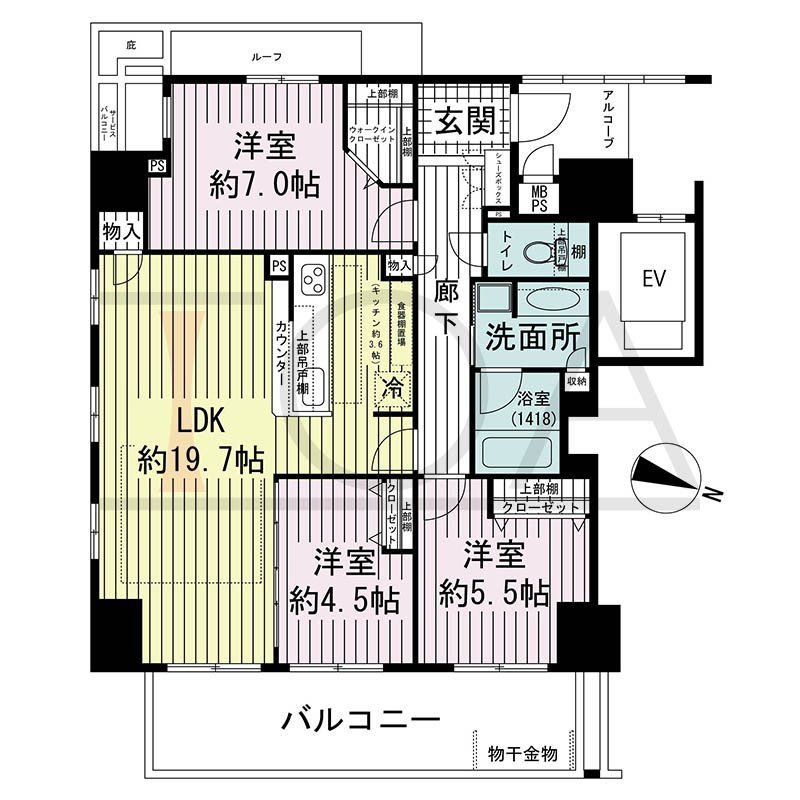 ワコーレ神戸中山手エンブレムの間取り図 Jタイプ
1邸 東向き角住戸
3LDK 専有面積83.85m2
バルコニー面積13.83m2
アルコーブ面積3.42m2