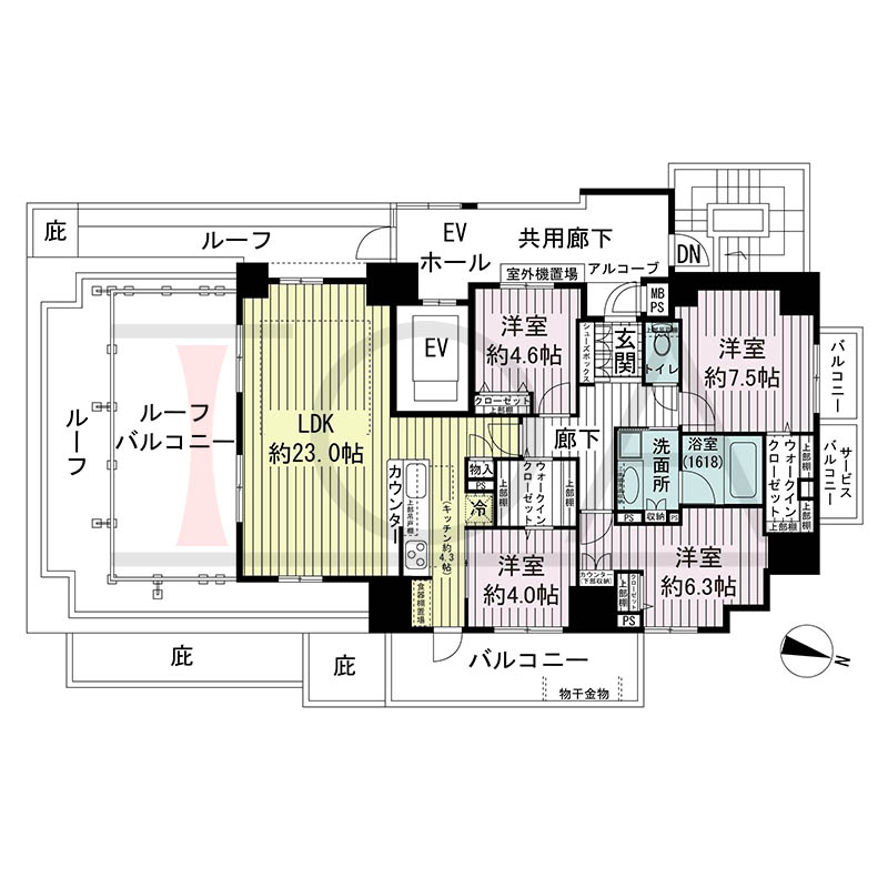 ワコーレ神戸中山手エンブレムの間取り図 Kタイプ
1邸 南向き角住戸
4LDK 専有面積102.58m2
バルコニー面積13.01m2
ルーフバルコニー面積20.70m2
アルコーブ面積1.16m2