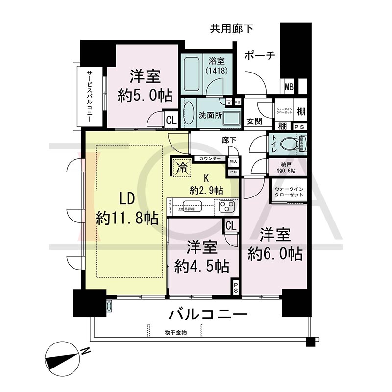 ミッドヒルズ神戸三宮の間取り図 Aタイプ
全13邸 東南角住戸
3LDK 専有面積67.14m2
バルコニー面積12.65m2
ポーチ面積3.29m2