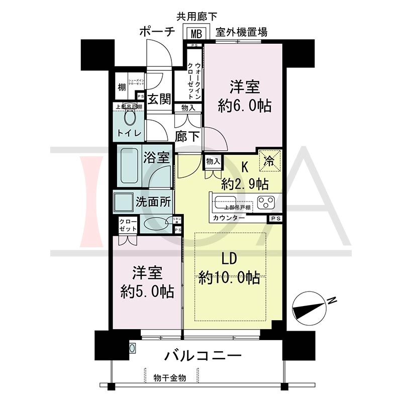 ミッドヒルズ神戸三宮の間取り図 Dタイプ
全14邸 東向き住戸
2LDK 専有面積54.10m2
バルコニー面積9.12m2
ポーチ面積3.47m2