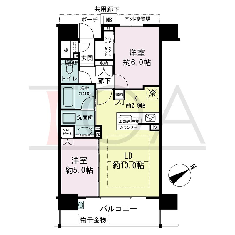 ミッドヒルズ神戸三宮の間取り図 E2タイプ
全14邸 東向き住戸
2LDK 専有面積54.10m2
バルコニー面積9.12m2
ポーチ面積3.47m2