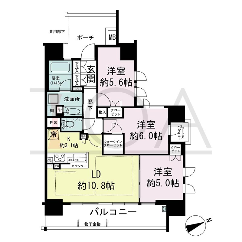 ミッドヒルズ神戸三宮の間取り図 Fタイプ
全14邸 東向き住戸
3LDK 専有面積68.12m2
バルコニー面積12.44m2
ポーチ面積8.23m2