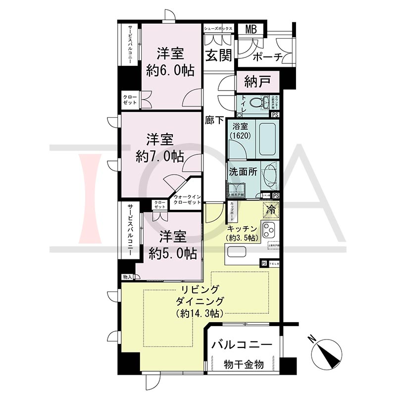 ヴィークコート神戸山本通の間取り図 Aタイプ
全3邸　北西角住戸
3LDK　専有面積83.35m2
バルコニー面積6.06m2
ポーチ面積3.46m2