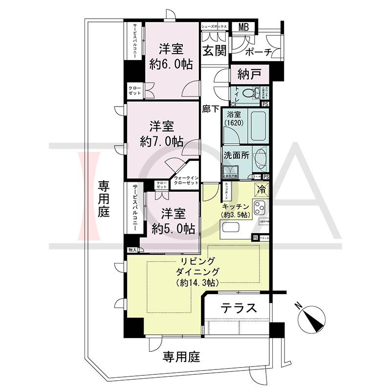 ヴィークコート神戸山本通の間取り図 Agタイプ
全1邸　北西角住戸
3LDK　専有面積83.35m2
テラス面積6.06m2
ポーチ面積3.46m2
専用庭面積44.92m2
