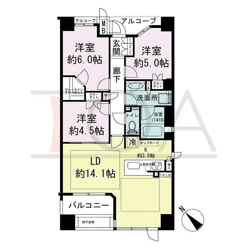 ヴィークコート神戸山本通の間取り図 Bタイプ
全3邸　西向き住戸
3LDK　専有面積73.97m2
バルコニー面積6.06m2
アルコーブ面積4.02m2