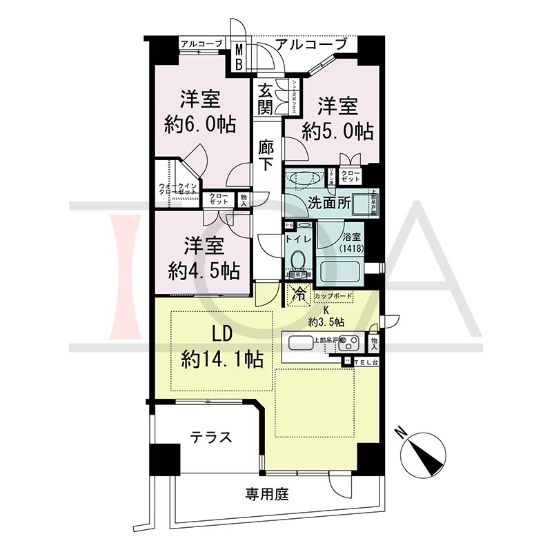 ヴィークコート神戸山本通の間取り図 Bgタイプ
全1邸　西向き住戸
3LDK　専有面積73.97m2
テラス面積6.06m2
アルコーブ面積4.02m2　
専用庭面積8.79m2