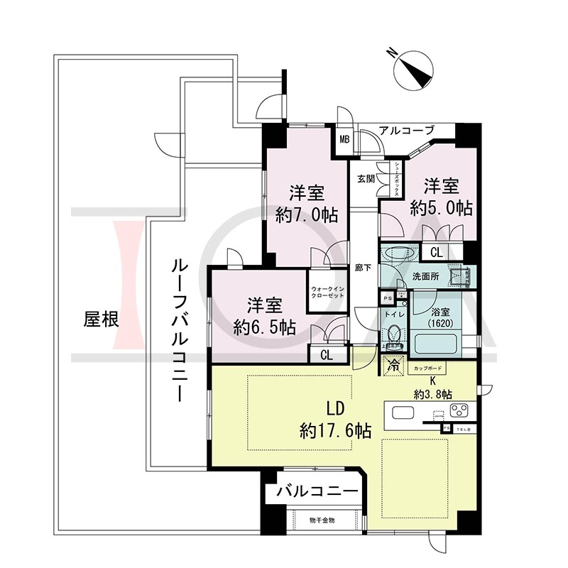 ヴィークコート神戸山本通の間取り図 Brタイプ
全1邸　西向き住戸
3LDK　専有面積85.72m2
バルコニー面積6.06m2
ルーフバルコニー面積22.51m2 
アルコーブ面積2.95m2