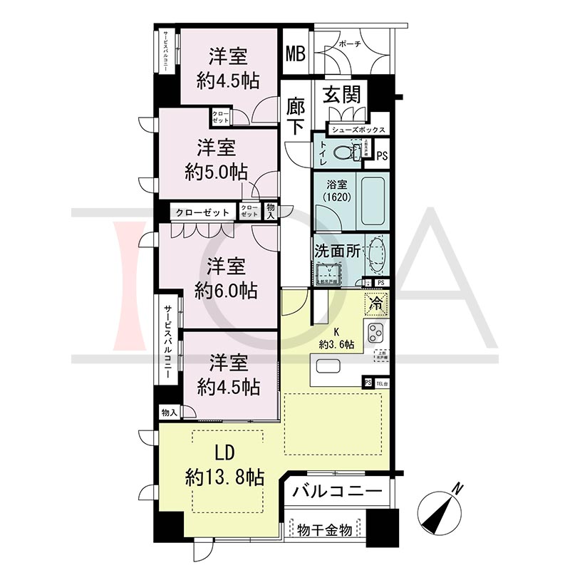 ヴィークコート神戸山本通の間取り図 Cタイプ
全5邸　南西角住戸
4LDK　専有面積84.15m2
バルコニー面積6.06m2
サービスバルコニー面積2.57m2 
ポーチ面積3.53m2