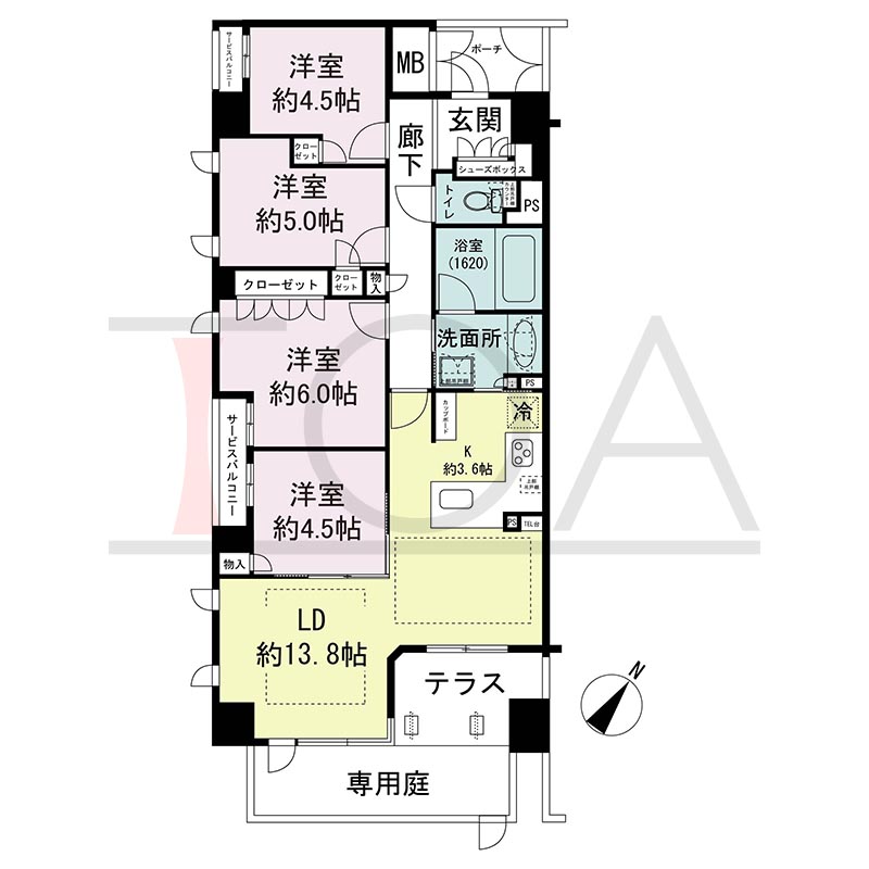 ヴィークコート神戸山本通の間取り図 Cgタイプ
全1邸　南西角住戸
4LDK　専有面積84.15m2
テラス面積6.06m2
サービスバルコニー面積2.57m2 
ポーチ面積3.53m2　
専用庭面積9.32m2