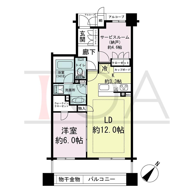ヴィークコート神戸山本通の間取り図 Dタイプ
全5邸　南東向き住戸
1SLDK　専有面積60.06m2
バルコニー面積11.78m2
アルコーブ面積2.53m2