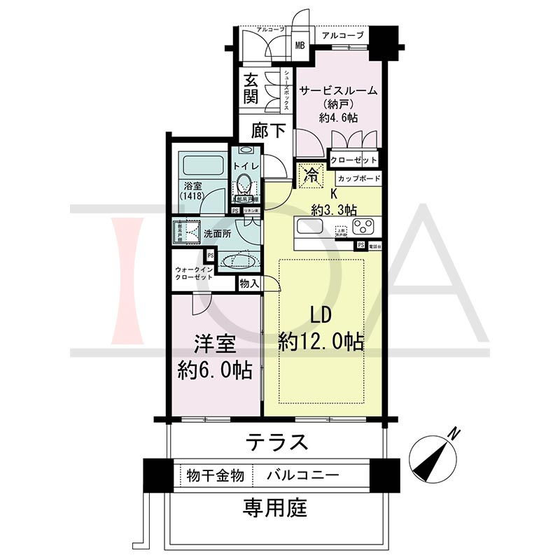ヴィークコート神戸山本通の間取り図 Dgタイプ
全1邸　南東向き住戸
1SLDK　専有面積60.06m2
テラス面積11.78m2
アルコーブ面積2.53m2　
専用庭面積9.97m2