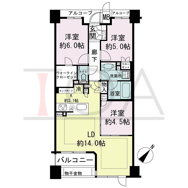 ヴィークコート神戸山本通の間取り図 Eタイプ
全5邸　南東向き住戸
3LDK　専有面積70.96m2
バルコニー面積6.06m2
アルコーブ面積3.50m2