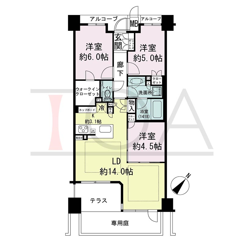 ヴィークコート神戸山本通の間取り図 Egタイプ
全1邸　南東向き住戸
3LDK　専有面積70.96m2
テラス面積6.06m2
アルコーブ面積3.50m2　
専用庭面積9.65m2
