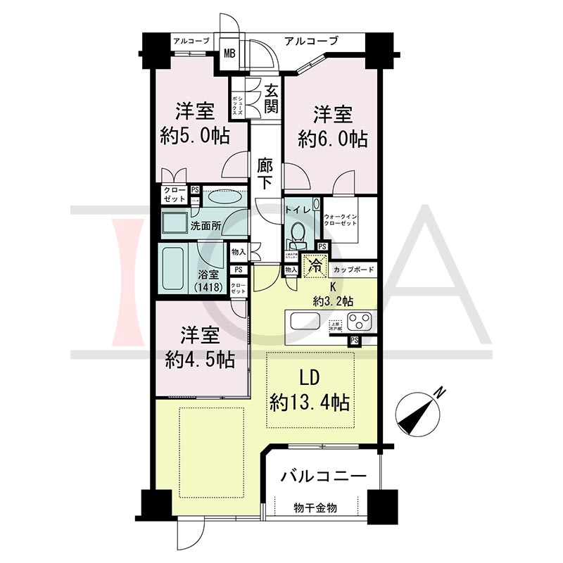 ヴィークコート神戸山本通の間取り図 Fタイプ
全5邸　南東向き住戸
3LDK　専有面積70.76m2
バルコニー面積6.06m2
アルコーブ面積3.70m2