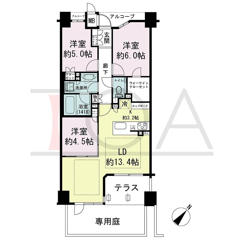 ヴィークコート神戸山本通の間取り図 Fgタイプ
全1邸　南東向き住戸
3LDK　専有面積70.76m2
テラス面積6.06m2
アルコーブ面積3.70m2　
専用庭面積9.31m2