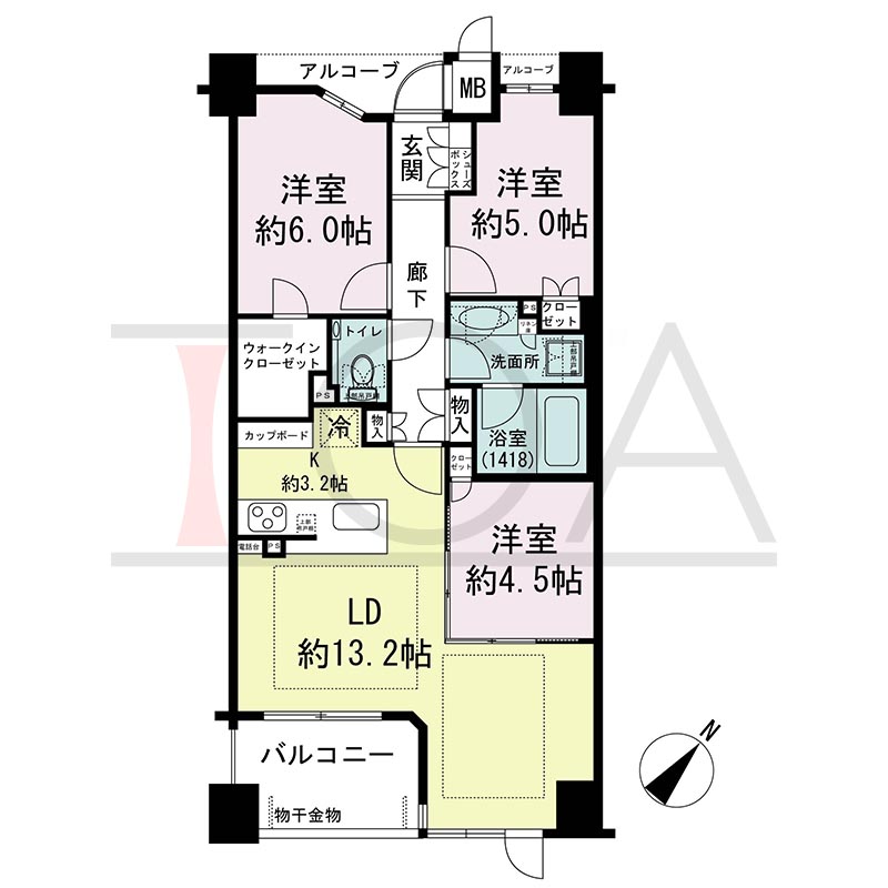 ヴィークコート神戸山本通の間取り図 Gタイプ全4邸　
南東向き住戸3LDK  
専有面積70.76m2
バルコニー面積6.06m2 
アルコーブ面積3.70m2