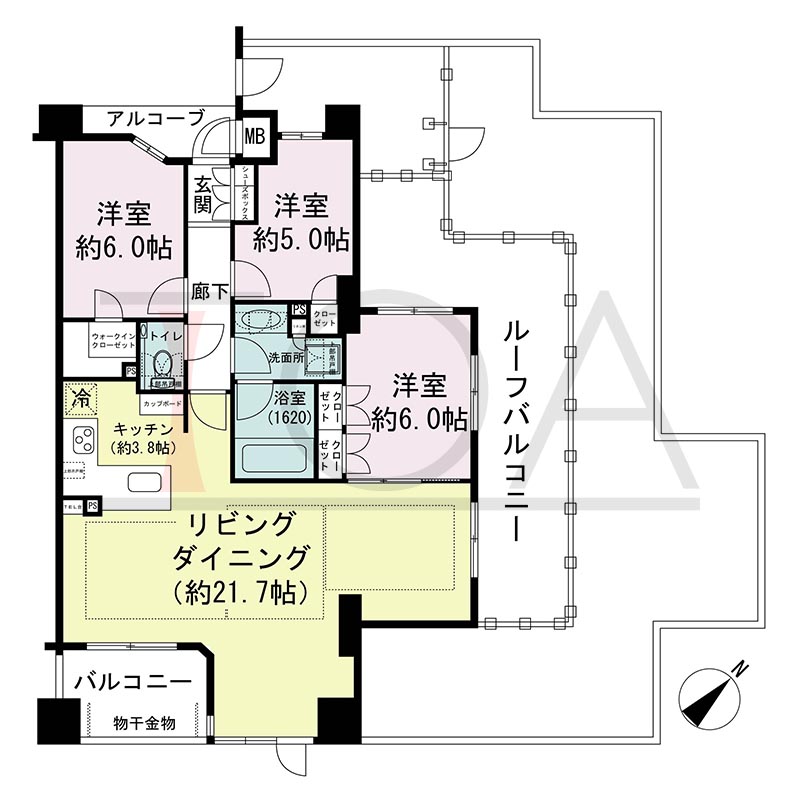 ヴィークコート神戸山本通の間取り図 Grタイプ全1邸　
南東向き住戸3LDK  
専有面積87.41m2
バルコニー面積6.06m2 
アルコーブ面積2.82m2　
ルーフバルコニー面積22.35m2