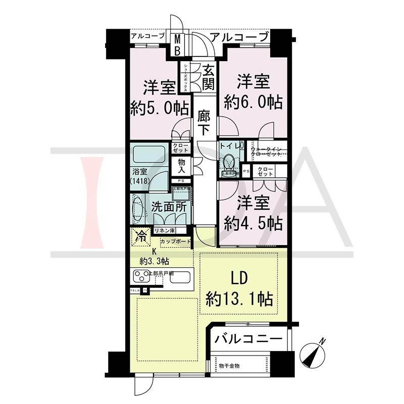 ヴィークコート神戸山本通の間取り図 Hタイプ全3邸　
南東向き住戸3LDK  
専有面積72.22m2
バルコニー面積6.06m2 
アルコーブ面積3.55m2