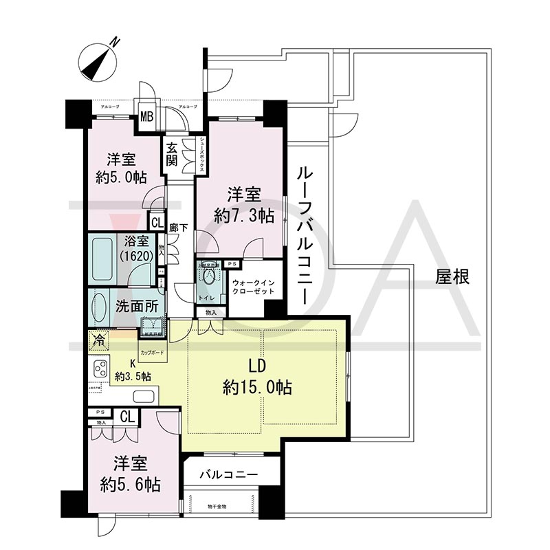 ヴィークコート神戸山本通の間取り図 Hrタイプ全1邸　
南東角住戸3LDK  
専有面積80.59m2
バルコニー面積6.06m2 
ルーフバルコニー面積19.85m2 
アルコーブ面積2.31m2