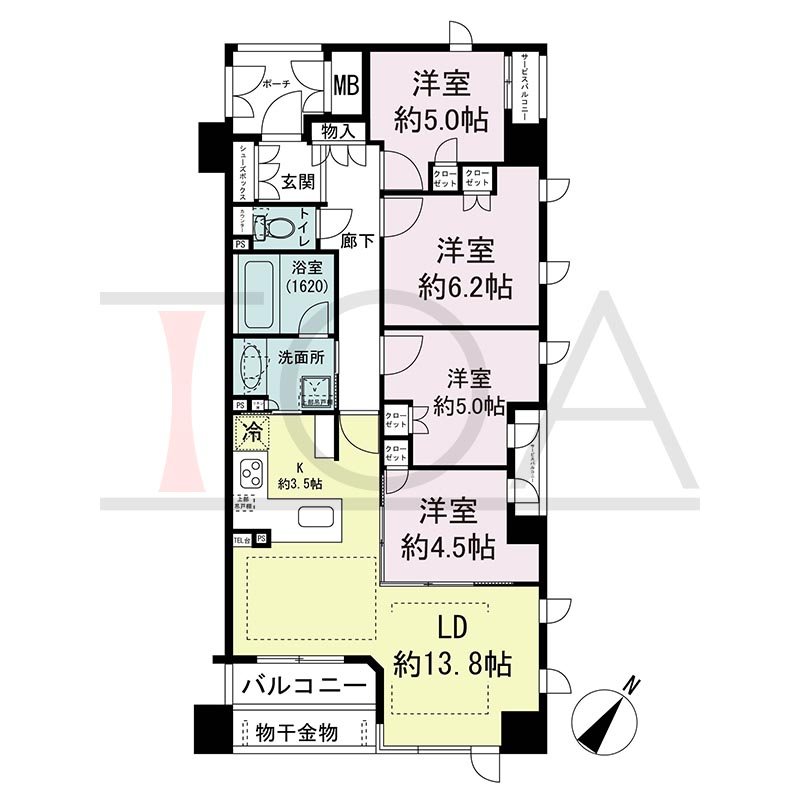 ヴィークコート神戸山本通の間取り図 Iタイプ全3邸　
北東角住戸4LDK 
専有面積83.60m2
バルコニー面積6.06m2  
ポーチ面積3.94m2