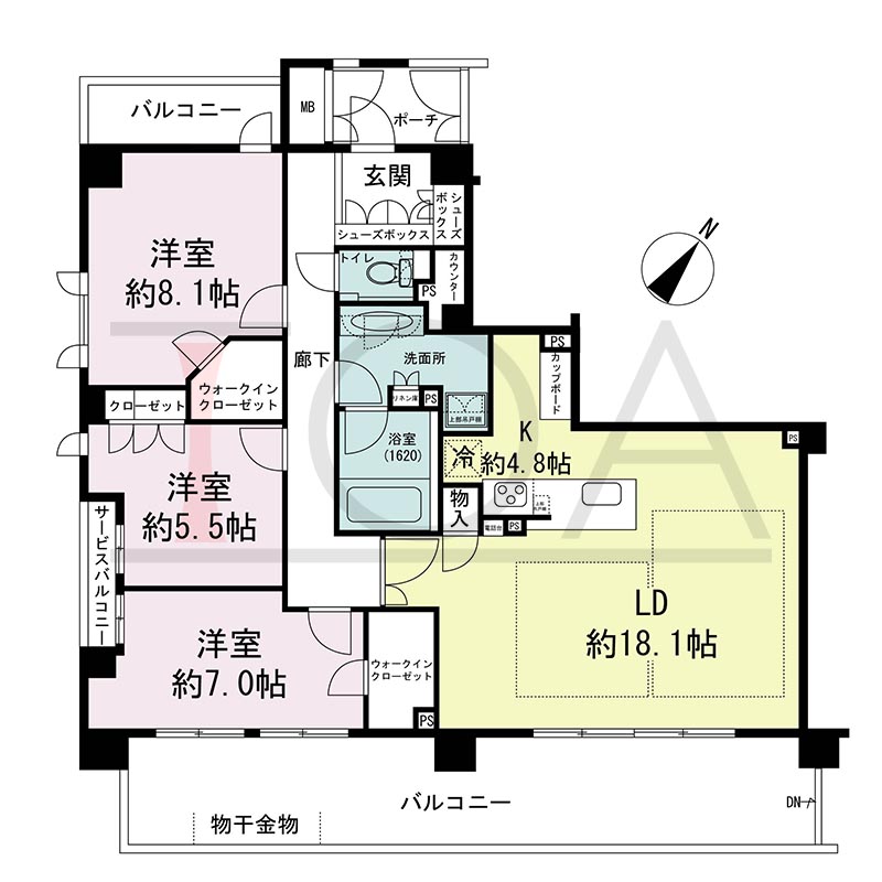 ヴィークコート神戸山本通の間取り図 Jタイプ全1邸　
南西角住戸3LDK  
専有面積102.16m2
バルコニー面積27.16m2 
ポーチ面積3.53m2