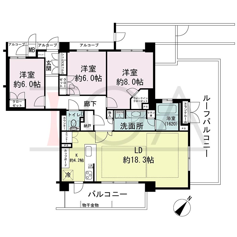 ヴィークコート神戸山本通の間取り図 Kタイプ全1邸　
南東角住戸3LDK  
専有面積101.10m2
バルコニー面積11.92m2 
ルーフバルコニー面積27.33m2 
アルコーブ面積2.53m2