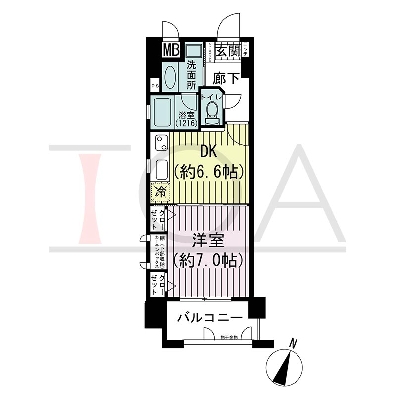 KAISEI神戸海岸通第2(カイセイ神戸海岸通第2)の間取り図 Aタイプ
全6邸
南西角部屋
1DK
専有面積34.91m2
バルコニー面積5.10m2