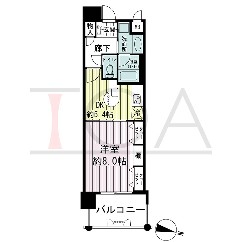 KAISEI神戸海岸通第2(カイセイ神戸海岸通第2)の間取り図 Fタイプ
全6邸
東向き
1DK
専有面積36.16m2
バルコニー面積7.00m2