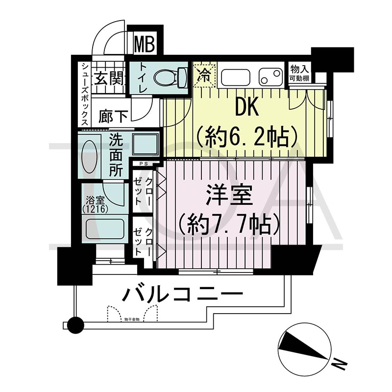 KAISEI神戸海岸通第2(カイセイ神戸海岸通第2)の間取り図 Gタイプ
全10邸
北東角部屋
1DK
専有面積36.30m2
バルコニー面積7.61m2
