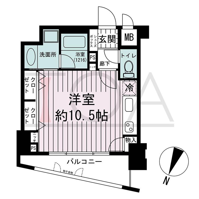 KAISEI神戸海岸通第2(カイセイ神戸海岸通第2)の間取り図 Hタイプ
全10邸
北向き
ワンルーム
専有面積29.81m2
バルコニー面積5.61m2