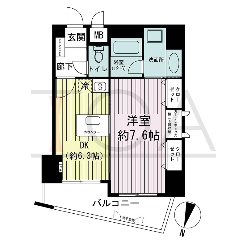 KAISEI神戸海岸通第2(カイセイ神戸海岸通第2)の間取り図 Iタイプ
全6邸
北西角部屋
1DK
専有面積36.17m2
バルコニー面積1.93m2