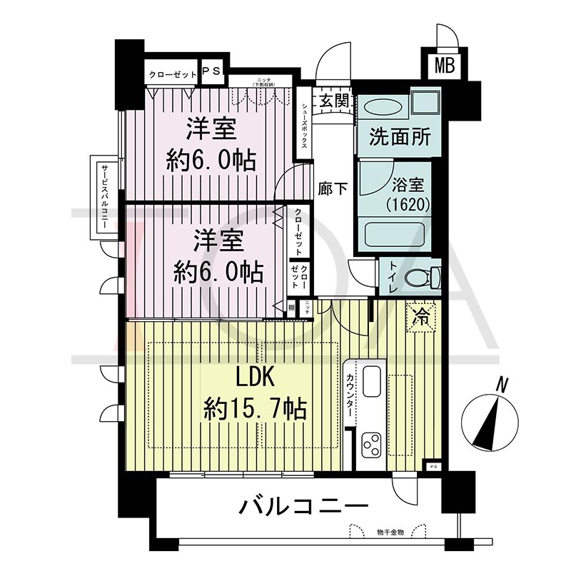 KAISEI神戸海岸通第2(カイセイ神戸海岸通第2)の間取り図 Jタイプ
全4邸
南西角部屋
2LDK
専有面積63.75m2
バルコニー面積10.27m2