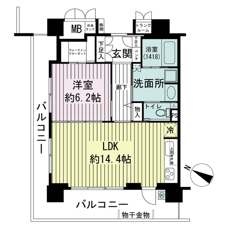 エルグレース神戸三宮タワーステージの間取り図 Aタイプ
全16邸
1LDK　専有面積53.94m2
バルコニー面積21.28m2
トランクルーム面積1.12m2