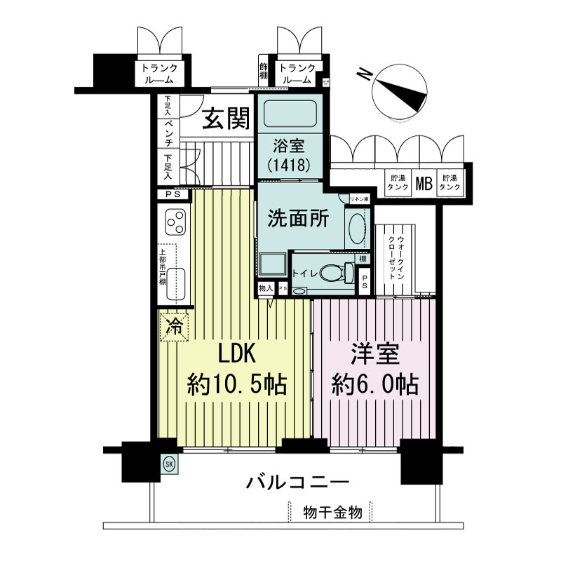 エルグレース神戸三宮タワーステージの間取り図 Bタイプ
全16邸
1LDK　専有面積45.68m2
バルコニー面積10.71m2
トランクルーム面積1.32m2