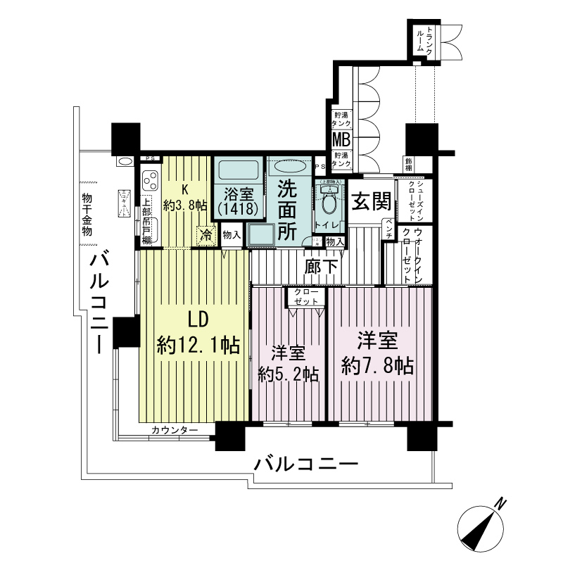 エルグレース神戸三宮タワーステージの間取り図 Cタイプ
全16邸
2LDK　専有面積70.95m2
バルコニー面積26.63m2
トランクルーム面積0.94m2