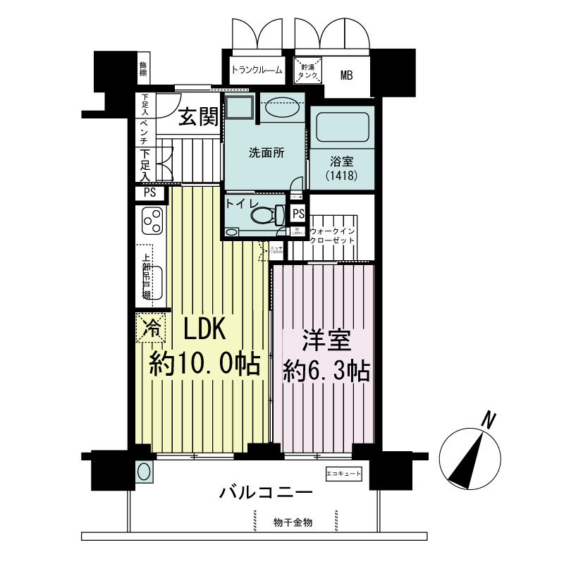 エルグレース神戸三宮タワーステージの間取り図 Dタイプ
全16邸
1LDK　専有面積44.01m2
バルコニー面積9.22m2
トランクルーム面積1.12m2