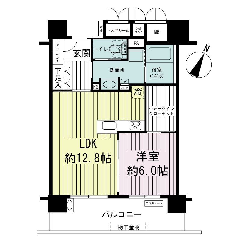 エルグレース神戸三宮タワーステージの間取り図 Eタイプ
全16邸
1LDK　専有面積50.52m2
バルコニー面積11.22m2
トランクルーム面積1.12m2