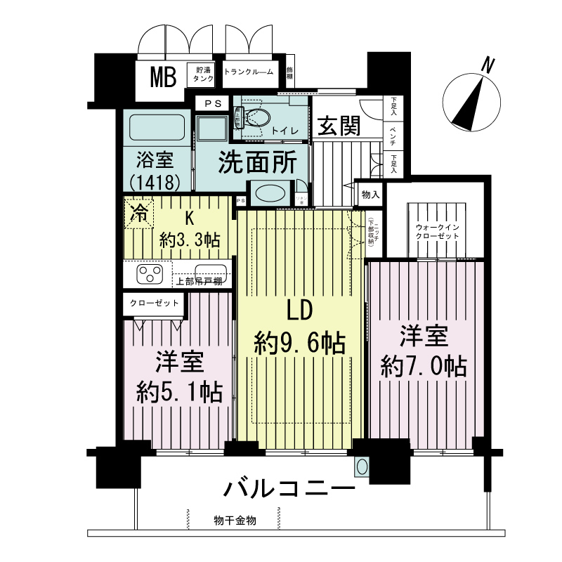 エルグレース神戸三宮タワーステージの間取り図 Fタイプ
全16邸
2LDK　専有面積62.56m2
バルコニー面積13.33m2
トランクルーム面積1.12m2